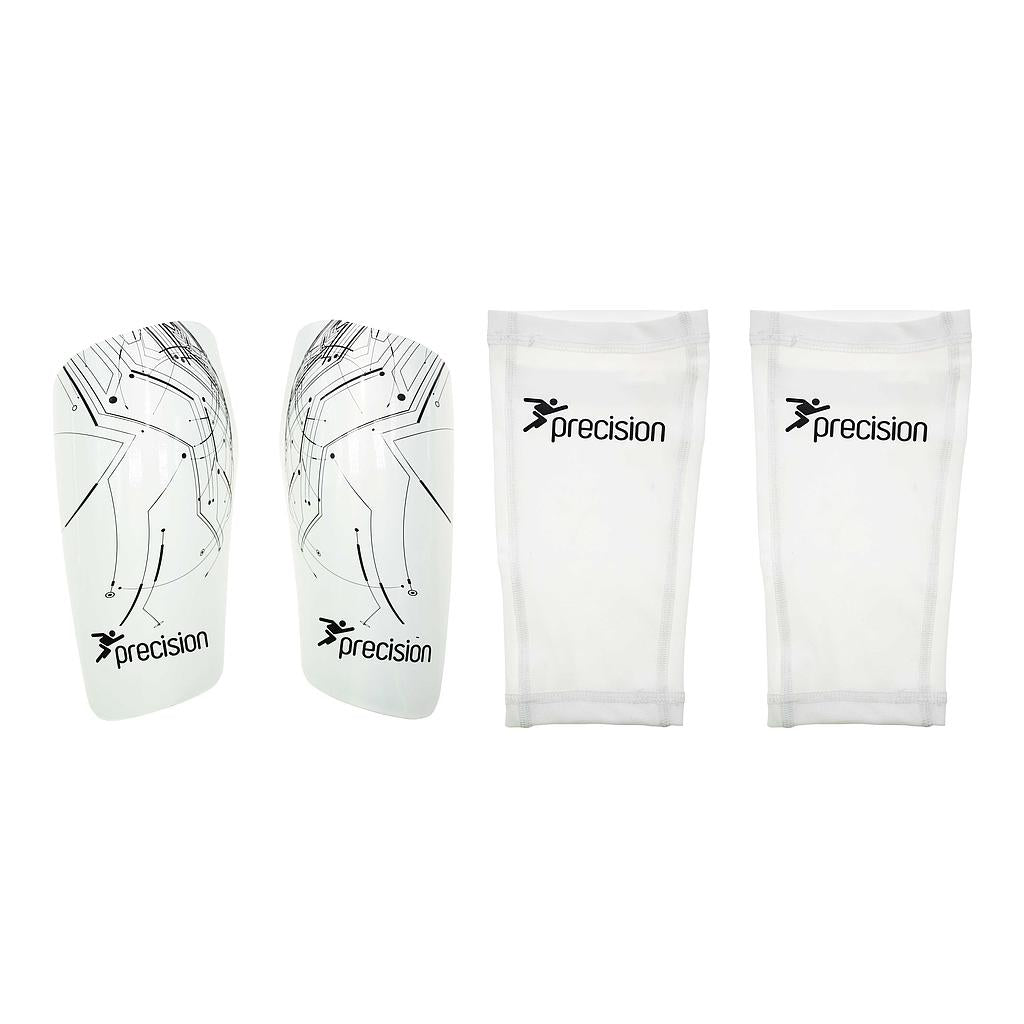 Precision Training Pro Matrix Shinguards in white, designed for anatomical fit and superior protection, are shown with two matching white mesh sleeves featuring the Precision logo on a plain white background.