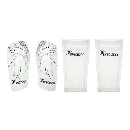 Precision Training Pro Matrix Shinguards in white, designed for anatomical fit and superior protection, are shown with two matching white mesh sleeves featuring the Precision logo on a plain white background.
