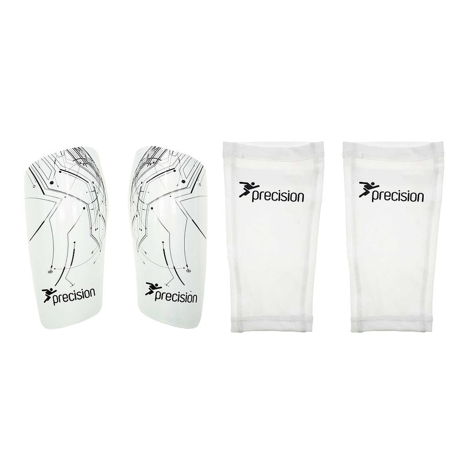 Precision Training Pro Matrix Shinguards in white, designed for anatomical fit and superior protection, are shown with two matching white mesh sleeves featuring the Precision logo on a plain white background.