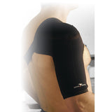 A person wears the Precision Neoprene Shoulder Strap by Precision Training on their right shoulder and upper arm, with the logo visible. The softly faded background highlights this supportive solution for sprain and strain relief.