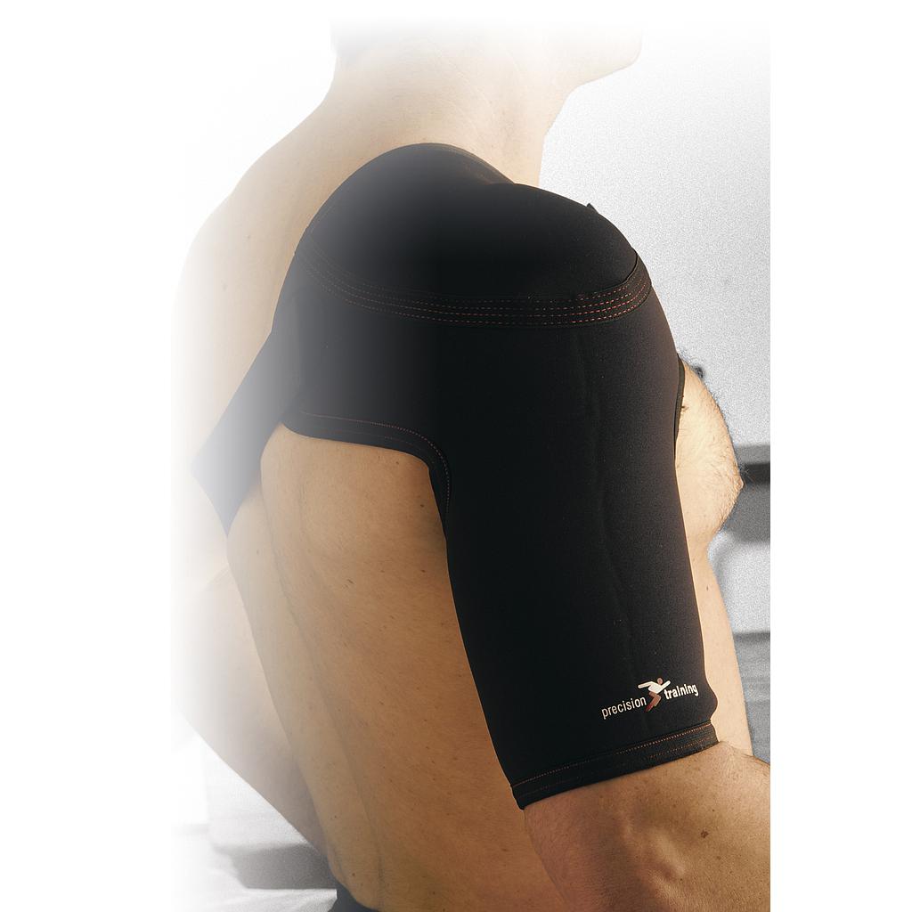 A person wears the Precision Neoprene Shoulder Strap by Precision Training on their right shoulder and upper arm, with the logo visible. The softly faded background highlights this supportive solution for sprain and strain relief.