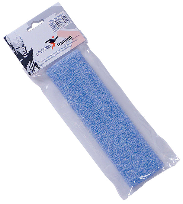 A blue cotton Precision Headband by Precision Training is sealed in clear plastic. The top label shows the brand name, a logo, and text, with a black-and-white image of a person in the background.