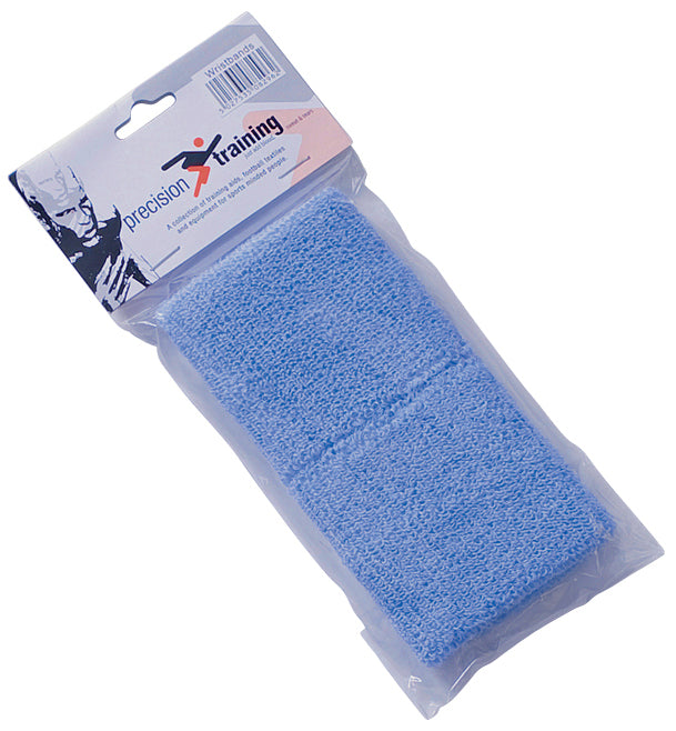 The Precision Training Precision Wristbands are light blue cotton wristbands, packaged in a clear wrapper with a branded tag—perfect for anyone seeking quality wristbands for precision training.