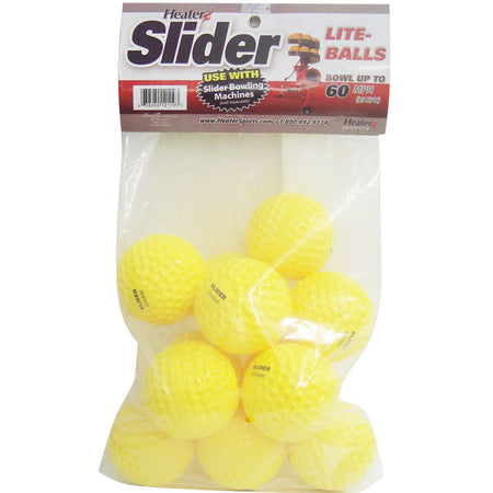 A clear plastic bag contains a dozen yellow dimpled Slider Bowling Machine Balls by Hunts County, designed for use with the Heater Slider machine. The top label highlights speeds of up to 60 MPH and reads Heater Slider Lite-Balls.