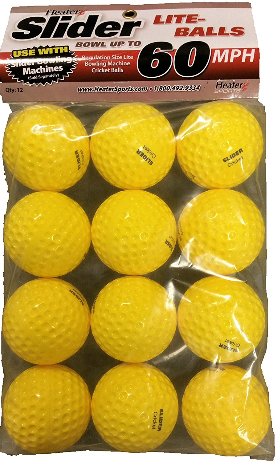 A pack of twelve yellow dimpled Hunts County Slider Bowling Machine Balls. Regulation size for bowling machines, packaging notes use with the Slider machine and states speeds up to 60 MPH.