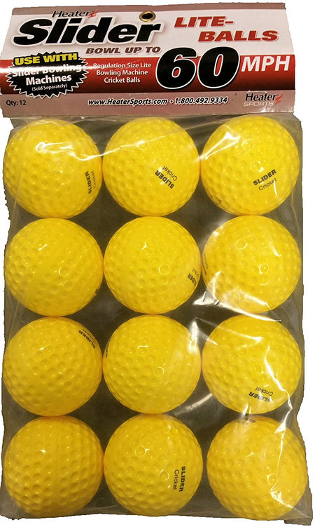 A pack of twelve yellow dimpled Hunts County Slider Bowling Machine Balls. Regulation size for bowling machines, packaging notes use with the Slider machine and states speeds up to 60 MPH.