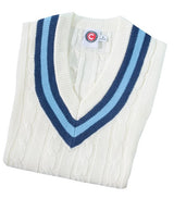 The Hunts County Trimmed Cricket Slipover is a folded maroon/gold/maroon acrylic vest with a deep V-neck and striped trim, ideal as a classic cricket sweater or a stylish slipover for matches.