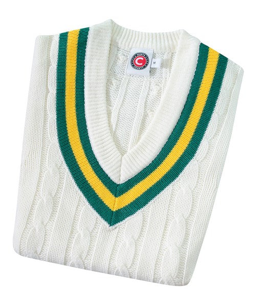 A folded Hunts County Trimmed Cricket Sweater vest in maroon with gold stripes, featuring a deep V-neck and a label at the neckline.
