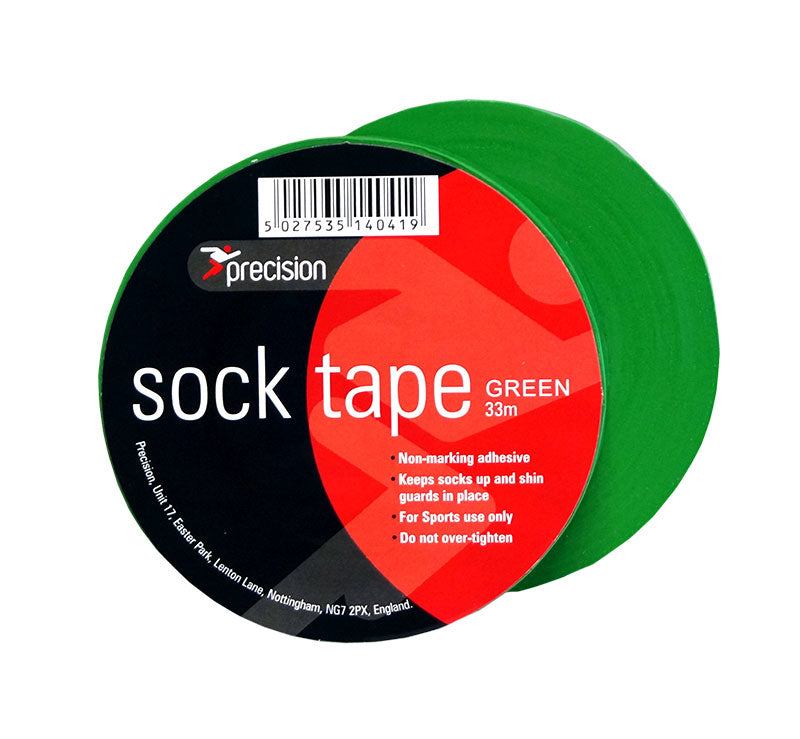 A pack of 10 Precision Training Sock Tapes in green (19mm x 33m), featuring a black and red label, non-marking adhesive, and secure hold—ideal for sports use.