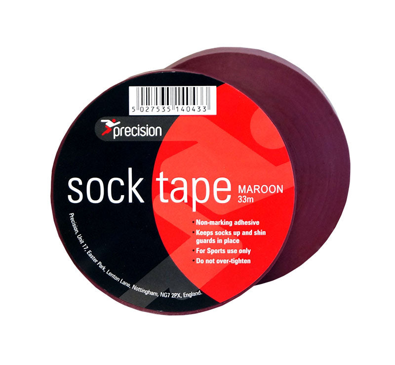 A pack of 10 Precision Training Sock Tape (19mm) featuring non-marking adhesive, keeps socks up, ideal as shin guard tape for sports use only; not for use by those under eighteen.