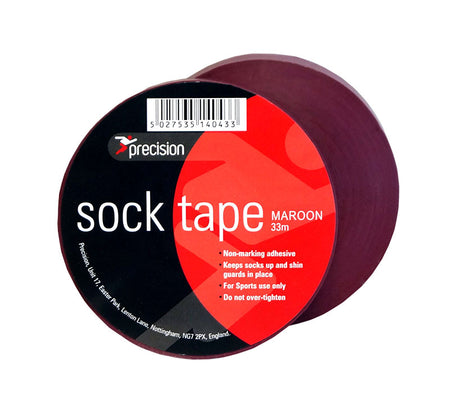 A pack of 10 Precision Training Sock Tape (19mm) featuring non-marking adhesive, keeps socks up, ideal as shin guard tape for sports use only; not for use by those under eighteen.
