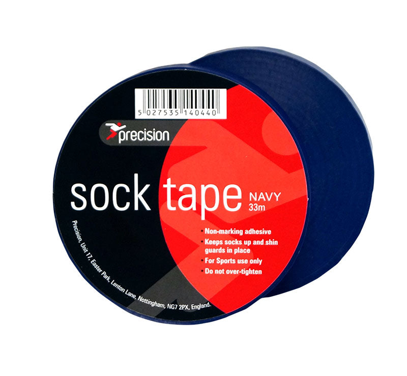 A pack of 10 Precision Training sock tapes (19mm) in navy, each roll with non-marking adhesive to keep socks and shin guards secure—ideal for sports use. Label advises not to over-tighten.