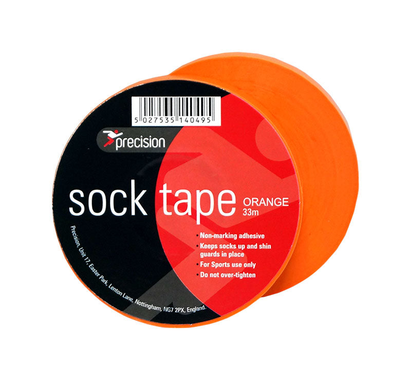 Pack of 10 Precision Training Sock Tape 19mm rolls in orange, each 33m long, with a black and red label stating “Non-marking adhesive,” “Keeps socks up,” and “For Sports use only.” Perfect for sports or shin guard taping.