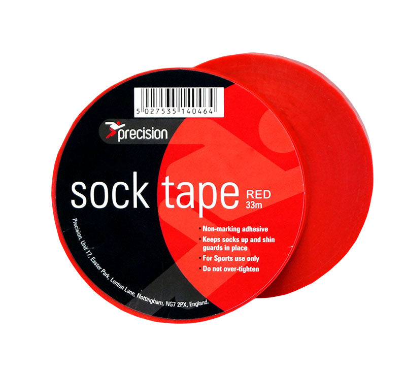A pack of 10 Precision Training Sock Tape rolls, 19mm each, with a red tape and black/red label showing "Sock Tape RED 33m"; features include non-marking adhesive, ideal for sports and shin guard use; do not over-tighten.