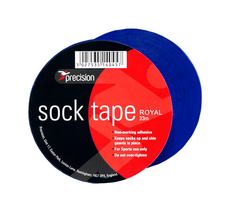Precision Training Sock Tape 19mm (Pack of 10), royal blue with black and red label; 33m rolls, non-marking adhesive keeps socks and shin guards secure—ideal as shin guard tape for sports. Warning: do not over-tighten.