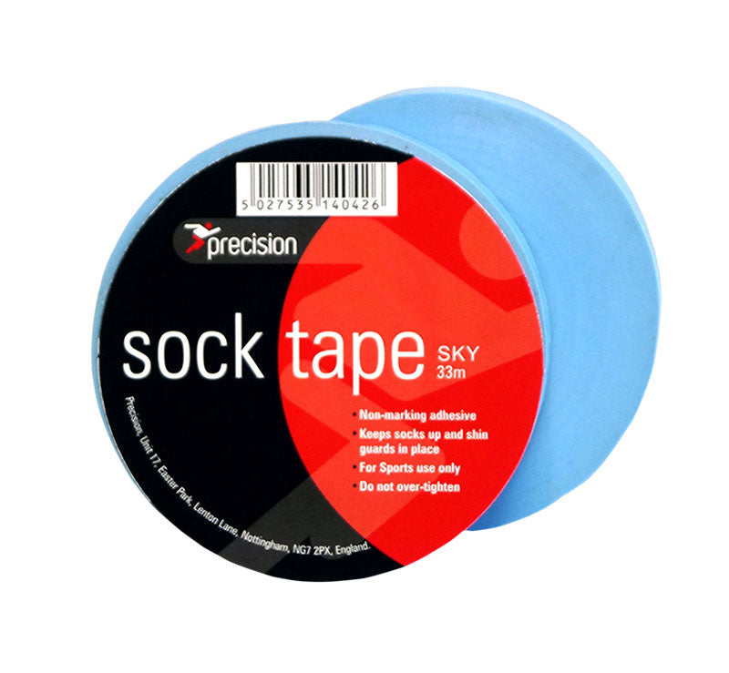 A pack of 10 blue Precision Training Sock Tape rolls (19mm), each with a black and red label showing "Sock Tape SKY 33m," product details, usage instructions, and a barcode—ideal for sports or as shin guard tape.