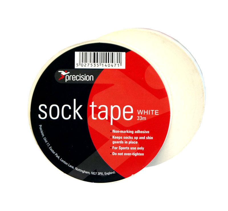 A pack of 10 rolls of Precision Training Sock Tape 19mm with a black and red label, designed for securing shin guards; features non-marking adhesive and usage warnings suitable for athletes.