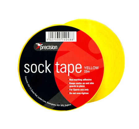 A pack of 10 Precision Training Sock Tapes, each 19mm wide in yellow, features a black and red label. With non-marking adhesive, they’re ideal as sports or shin guard tape for all your athletic needs.