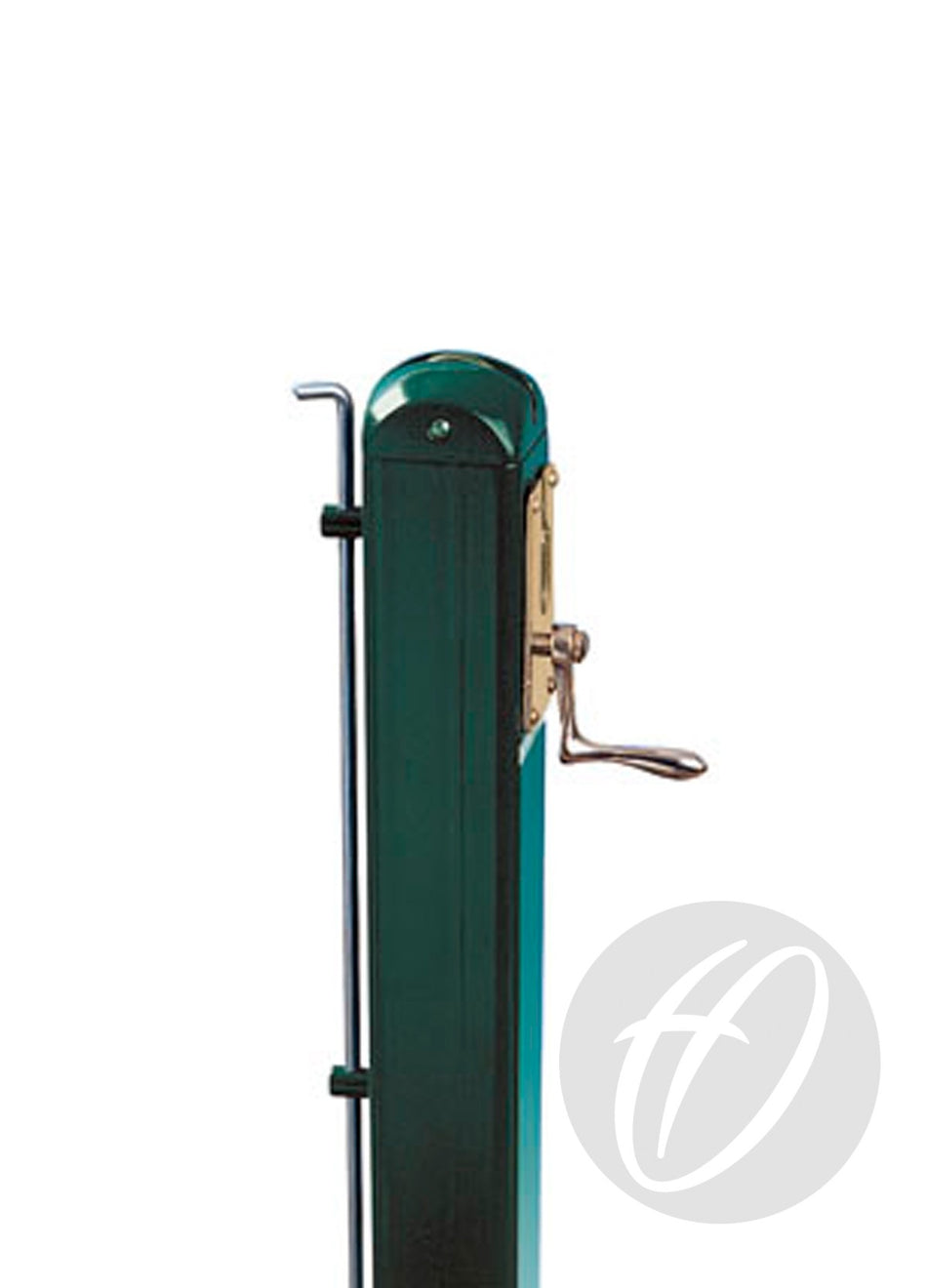 A Harrod Sport Spare Net Retaining Bar is attached to a green metal gate post with a silver latch handle and vertical bar, set against a white background. A faint circular logo with a stylized H appears in the lower right corner.