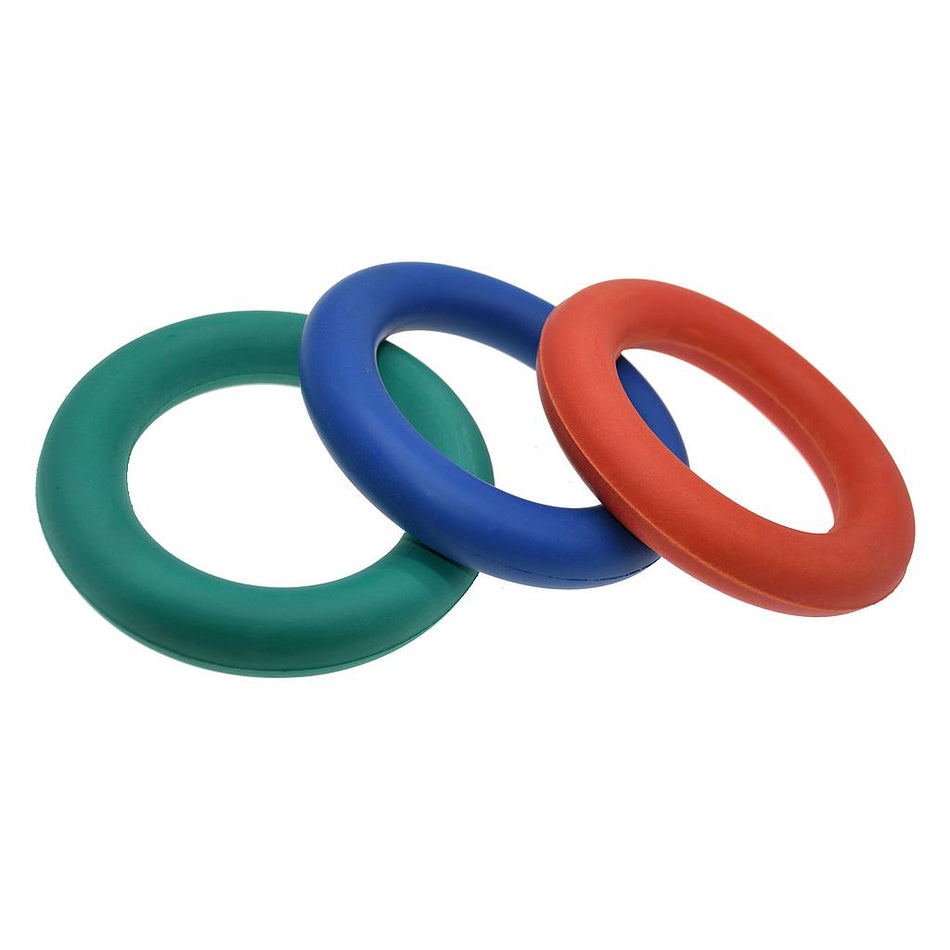 The Reydon Sports Sponge Rubber Rings—three interlinked rings in green, blue, and red—feature a sponge-like feel ideal for throwing and catching games, displayed on a white background.