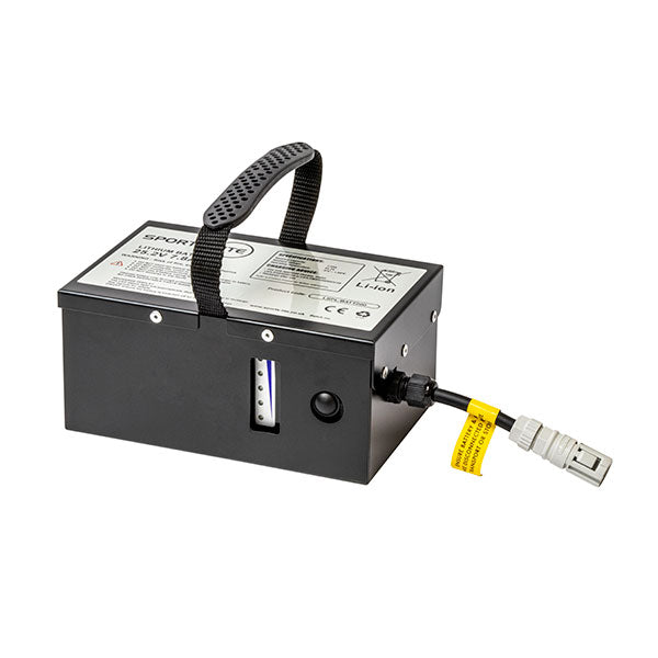 The Ritelite Sports Lite Lithium Battery (2H 20M) is a rectangular black battery pack with a handle, control panel with indicator lights, and an attached power cable with a yellow-tagged connector—ideal for powering Sports-Lite LED sports lighting.
