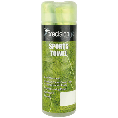 The Precision Training Precision GK Sports Towel comes in a cylindrical container with a green grass design, showcasing its super absorbency, cooling relief, and reusability. The container has a translucent green lid.