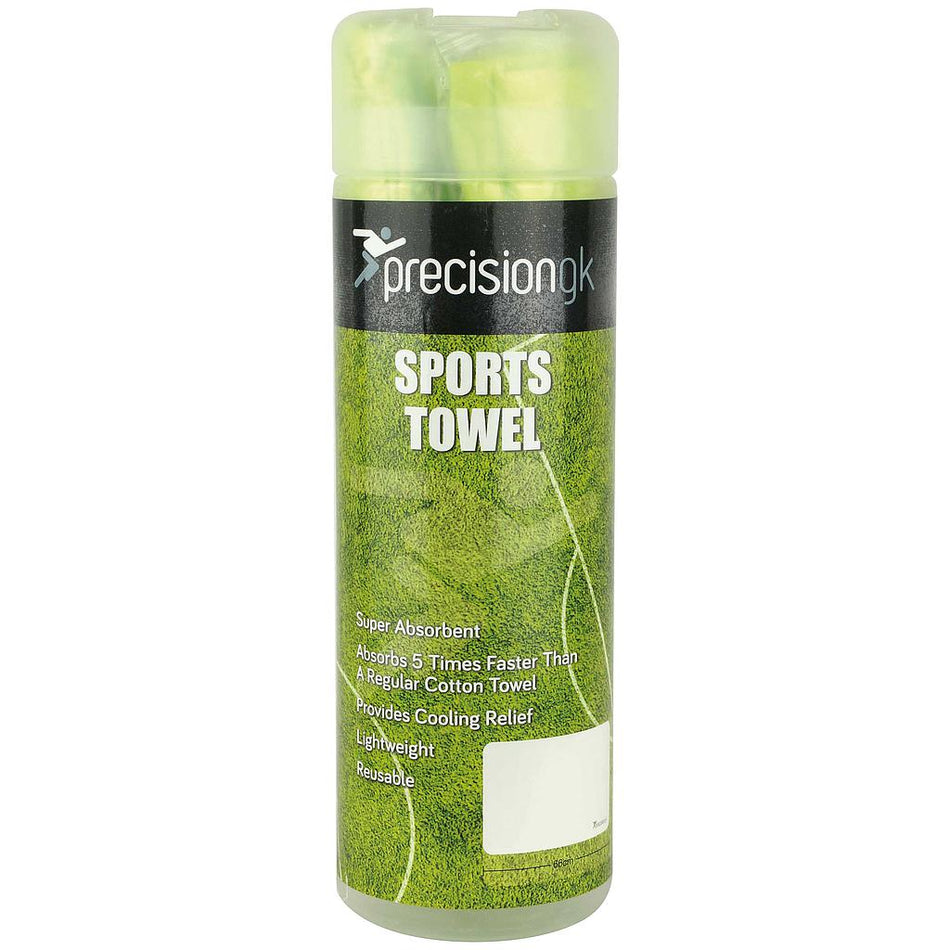 The Precision Training Precision GK Sports Towel comes in a cylindrical container with a green grass design, showcasing its super absorbency, cooling relief, and reusability. The container has a translucent green lid.