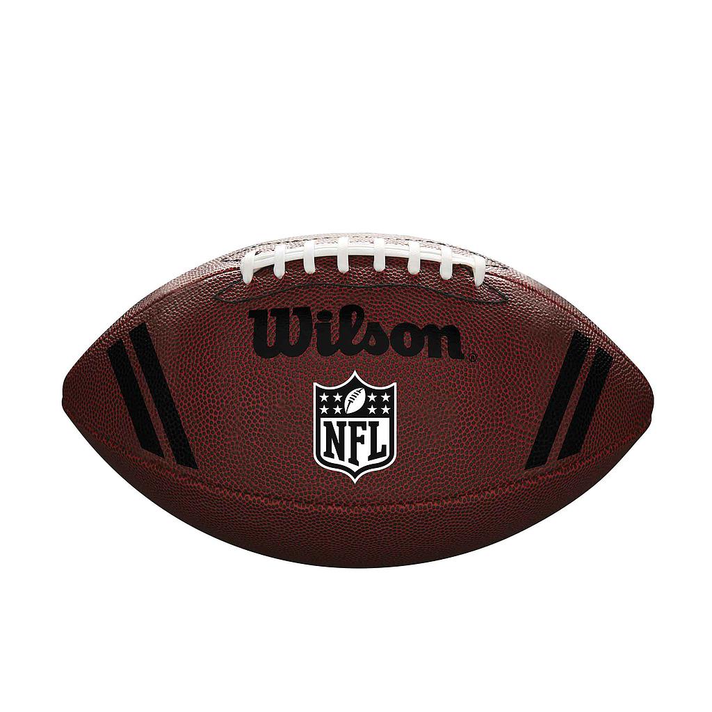 The Wilson NFL Spotlight American Football is an official size ball in brown with a composite cover, white laces, black stripes, and showcases the NFL logo and Wilson branding.