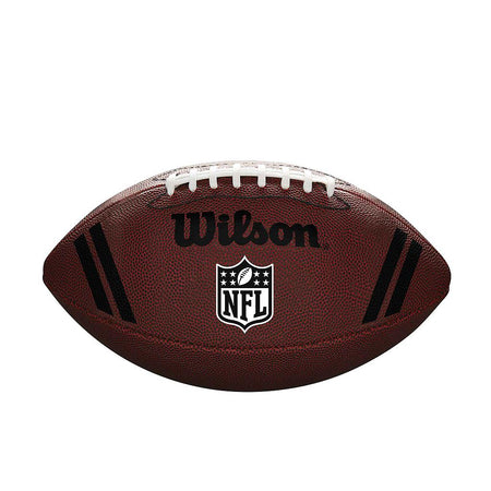 The Wilson NFL Spotlight American Football is an official size ball in brown with a composite cover, white laces, black stripes, and showcases the NFL logo and Wilson branding.