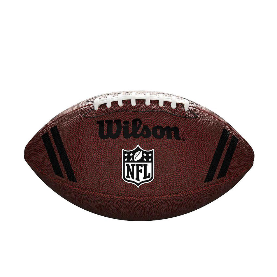 The Wilson NFL Spotlight American Football is an official size ball in brown with a composite cover, white laces, black stripes, and showcases the NFL logo and Wilson branding.