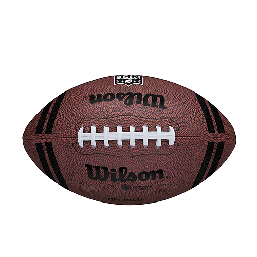 A Wilson NFL Spotlight American Football by Wilson, featuring a brown composite cover, white laces, and black stripes on each end, is shown against a white background.