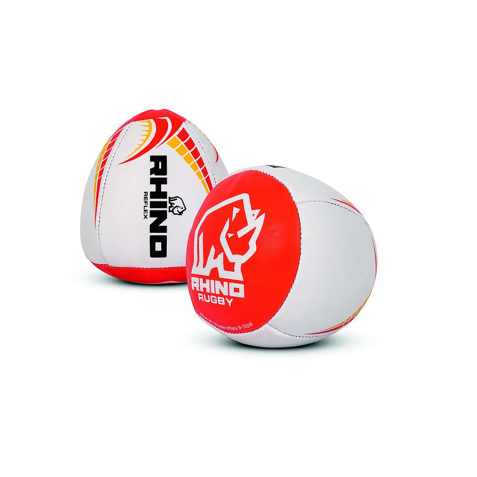 Two Rhino Reflex Training Balls in white and red with black and orange accents, featuring the Rhino name and stylized rhino head logo. Perfect for rugby training sessions.