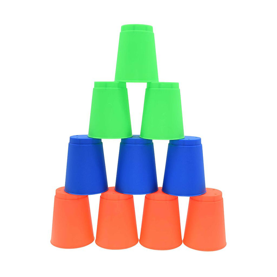 Nine Reydon Sports Stacking Cups (Pack of 12)—three orange, three blue, and three green stacked in a pyramid—are displayed against a white background.