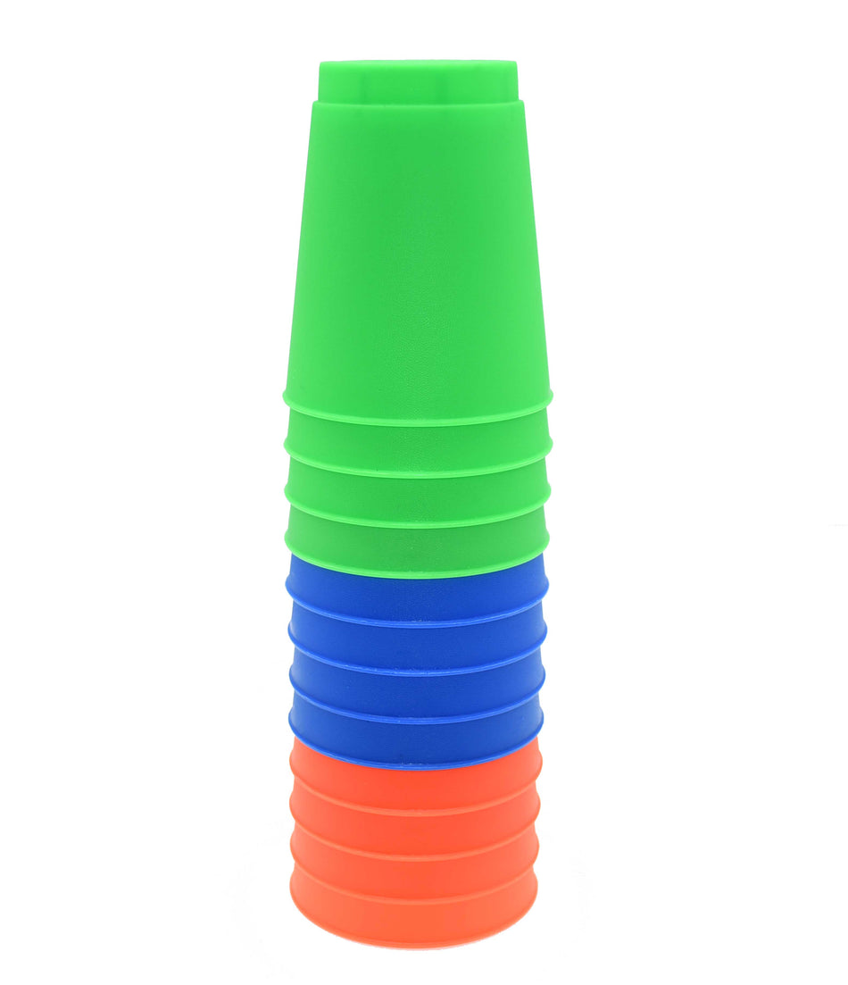 The Reydon Sports Stacking Cups (Pack of 12) showcases three green cups on top, three blue in the middle, and three orange at the bottom, all neatly arranged against a white background.
