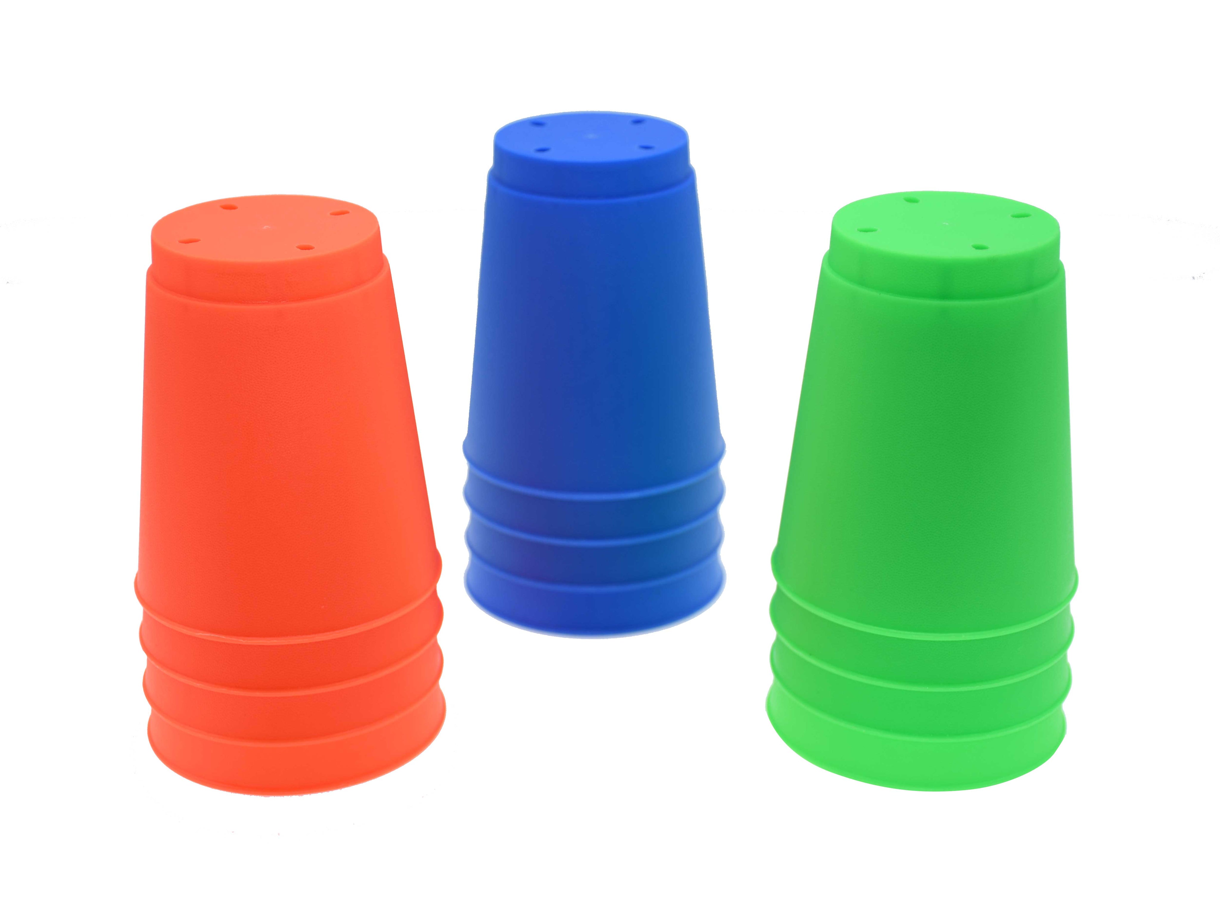 Reydon Sports Stacking Cups (Pack of 12) are non-jamming, feature ridged bases and small holes for easy handling, and come in assorted colors—including red, blue, and green—shown upside down on a white background.