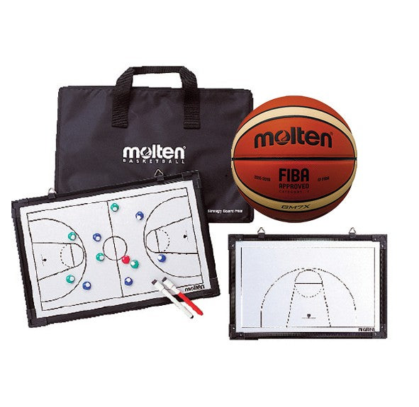 The Molten Basketball Strategy Board set includes a Molten basketball, black carrying bag, magnetic strategy board with team pieces, and white marker board with two markers—displayed together on a white background.