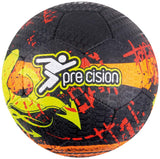 The Precision Training Street Mania Football is a black size 4 ball with yellow and red paint splatter, a yellow horizontal stripe, and the brand logo at the center. Its machine-stitched build ensures durability for every kick.