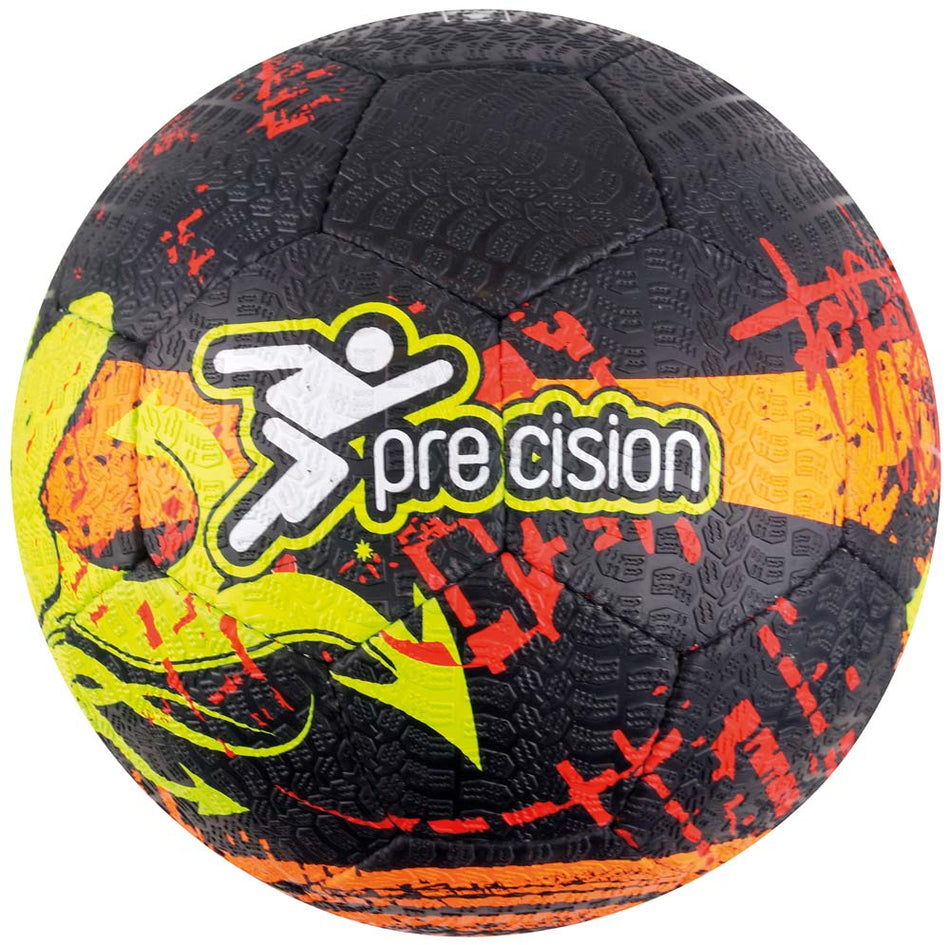 The Precision Training Street Mania Football is a black size 4 ball with yellow and red paint splatter, a yellow horizontal stripe, and the brand logo at the center. Its machine-stitched build ensures durability for every kick.