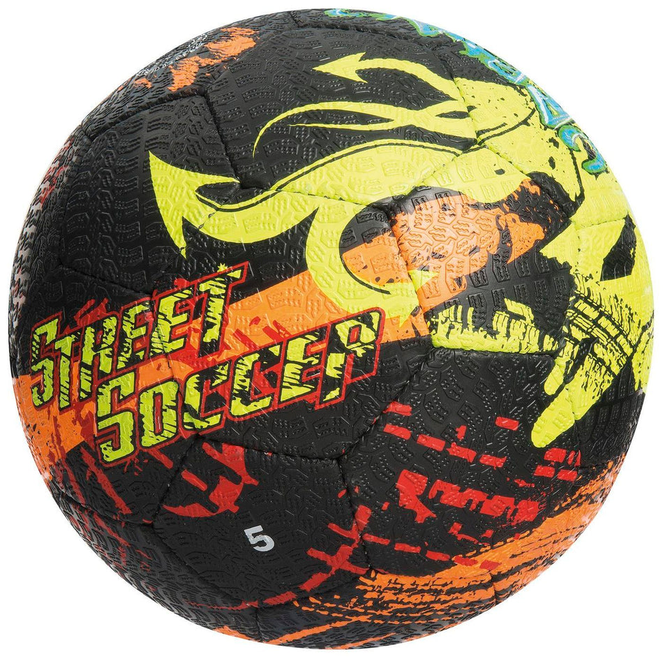 The Precision Training Precision Street Mania Football is a machine-stitched size 5 ball with bold yellow, red, and orange graffiti-style STREET SOCCER text and a yellow flame on a black background.
