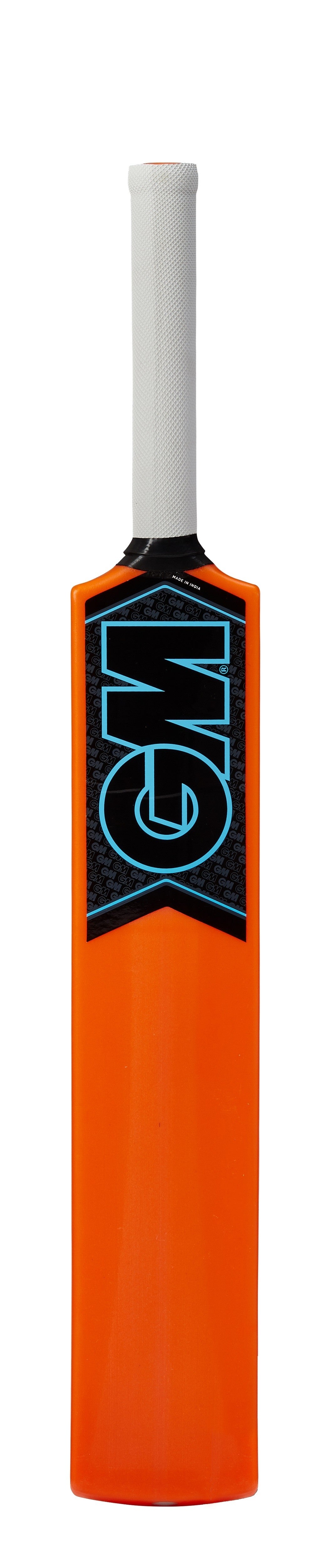 The Gunn & Moore Striker Cricket Bat for kids features an orange blade, white grip, and a black label with large light blue "GM" text. This all-weather cricket bat by Gunn & Moore is displayed upright on a plain white background.