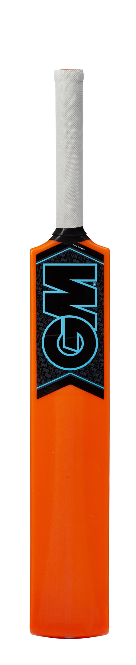 The Gunn & Moore Striker Cricket Bat for kids features an orange blade, white grip, and a black label with large light blue "GM" text. This all-weather cricket bat by Gunn & Moore is displayed upright on a plain white background.