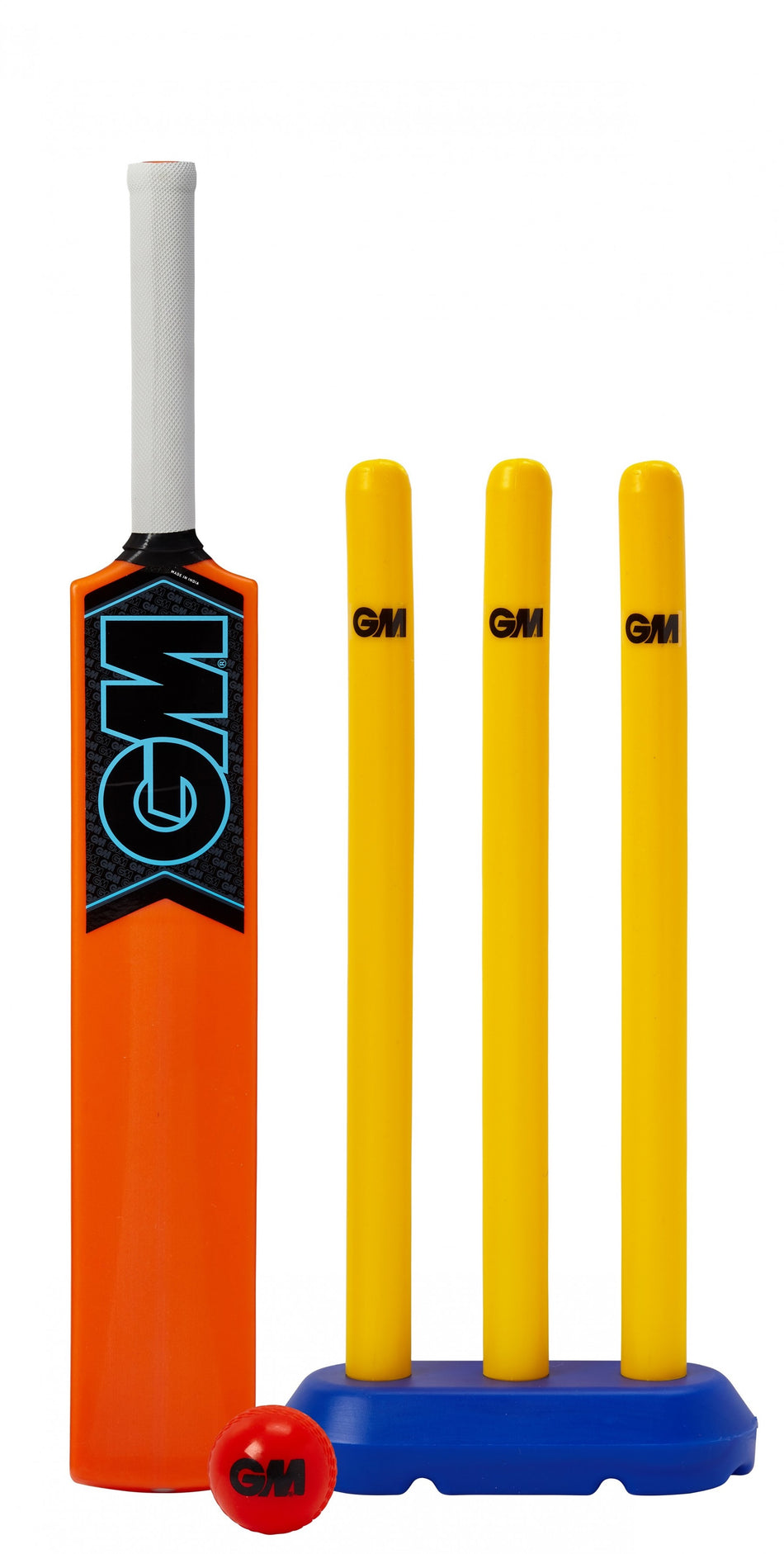 The Gunn & Moore Striker Cricket Set is perfect for ages 8–11, featuring an orange bat, red ball, and three yellow stumps with blue base—all branded by Gunn & Moore and shown upright against a white background.
