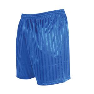The Precision Training Precision Continental Stripe Shorts feature a shiny royal blue polyester fabric with a subtle vertical stripe pattern and a comfy tie waist, displayed against a white background.