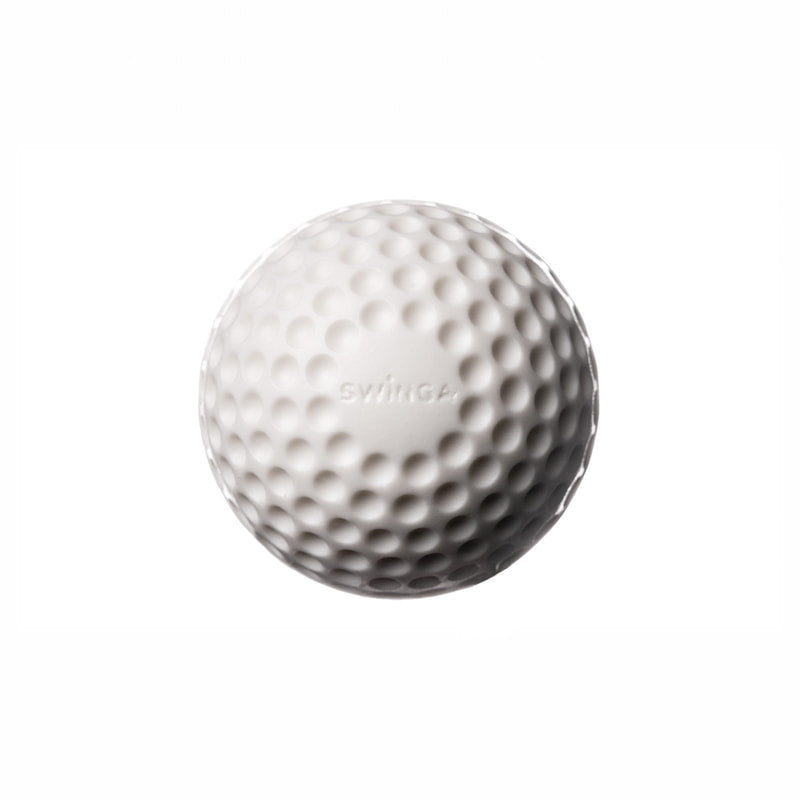 The Swinga Technique Ball by Swinga is a white, dimpled cricket training aid, shown on a plain white background. "SWING" is lightly embossed on its surface, making it perfect for batting practice.