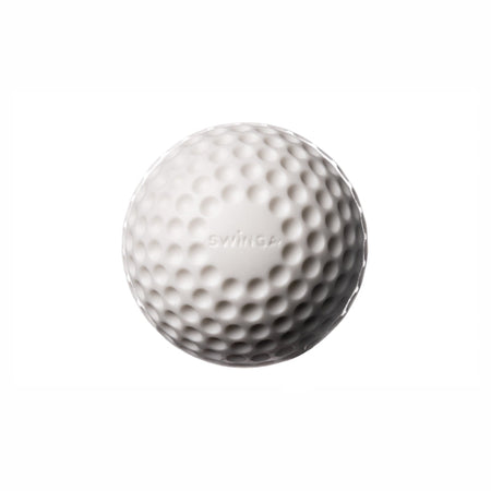 The Swinga Technique Ball by Swinga is a white, dimpled cricket training aid, shown on a plain white background. "SWING" is lightly embossed on its surface, making it perfect for batting practice.