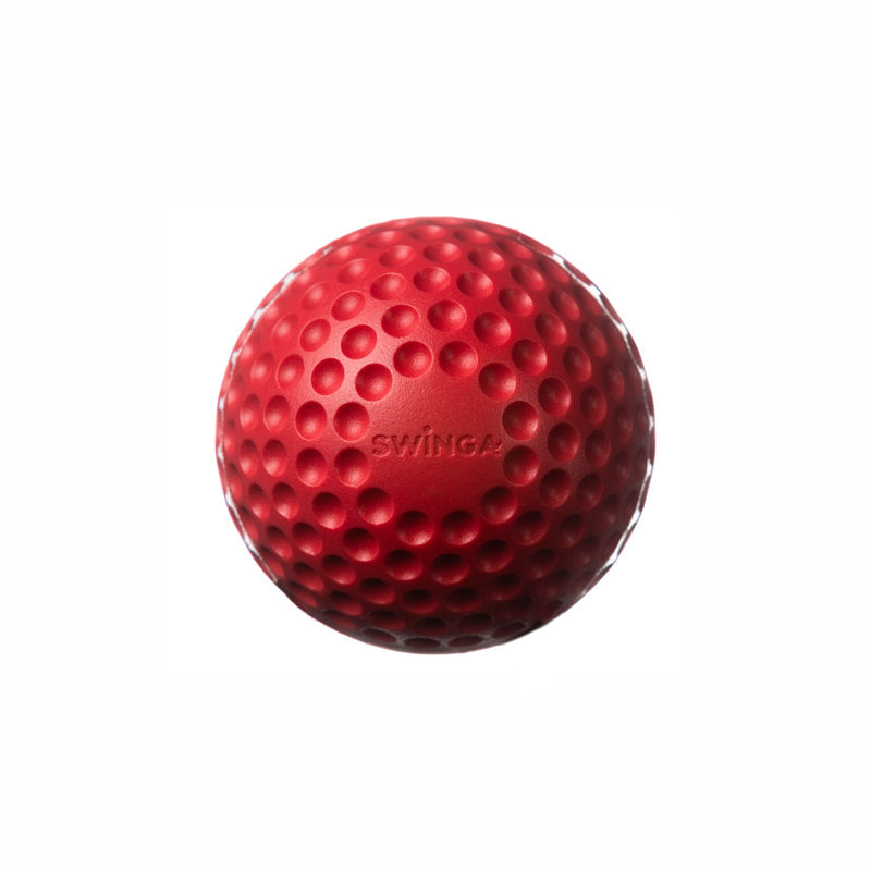 The Swinga Technique Ball by Swinga, a red dimpled cricket training aid ideal for batting practice, features the SWINGA logo embossed on its surface and is shown against a plain white background.