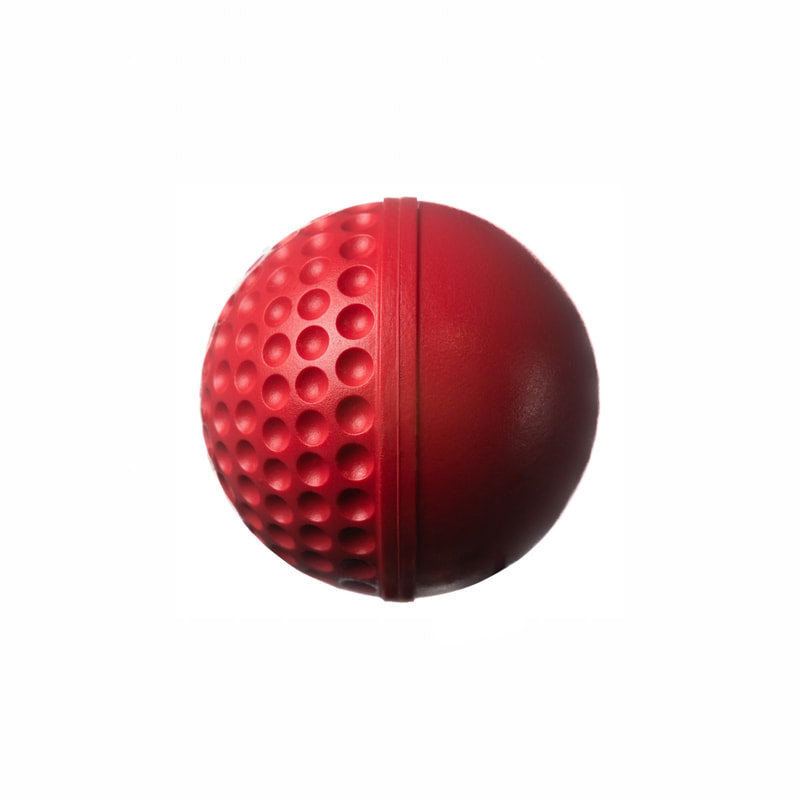The Swinga Technique Ball by Swinga features a red design with a smooth half and a dimpled, textured half, making it an ideal cricket training aid for batting practice; displayed against a plain white background.