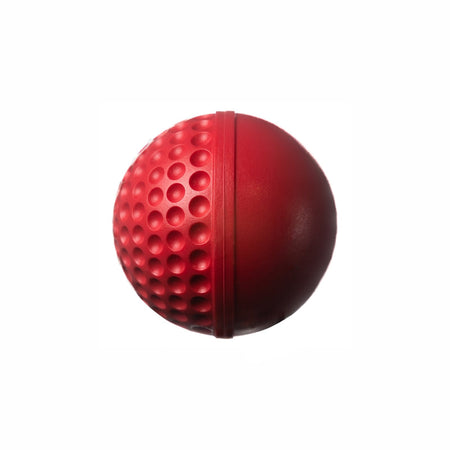The Swinga Technique Ball by Swinga features a red design with a smooth half and a dimpled, textured half, making it an ideal cricket training aid for batting practice; displayed against a plain white background.