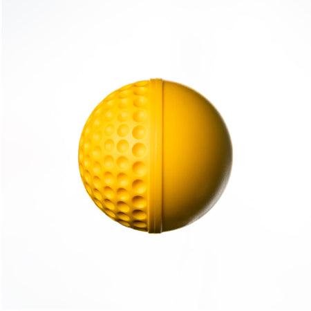 The Swinga Technique Ball by Swinga is a yellow cricket training aid, vertically split with one smooth half and one dimpled half, perfect for batting practice, displayed against a plain white background.