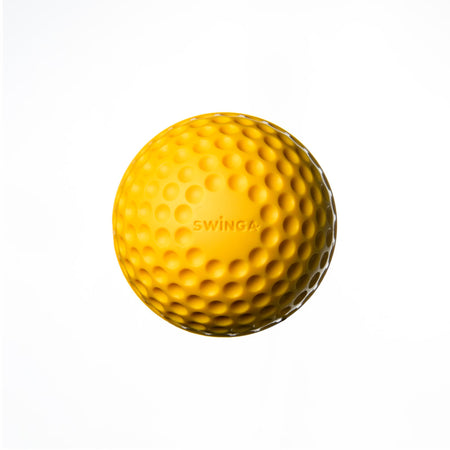 A bright yellow, dimpled Swinga Technique Ball by Swinga, with SWINGA embossed on it, ideal for batting practice and cricket training, shown against a clean white background.